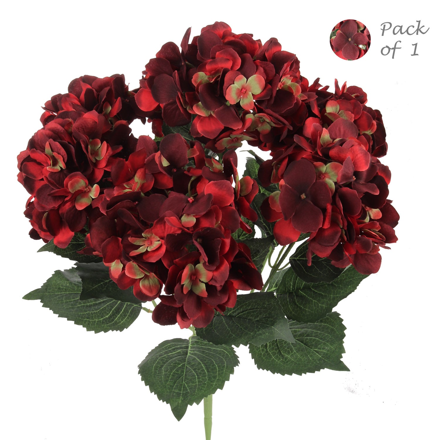 UV Burgundy Hydrangea Bush with 7 Silk Flowers & Leaves, Floral Home by Artificial Flowers