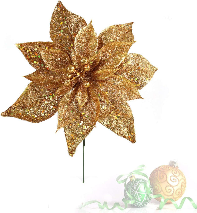 Gold Artificial Glitter Poinsettia Pick - 8.5"