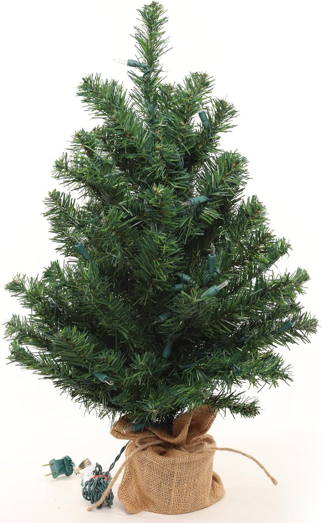 2 ft Pre-Lit Northern Spruce Christmas Tree with Burlap Base, Indoor/Outdoor Tabletop Décor