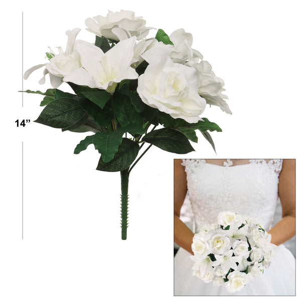 14" White Rose/Lily Wedding Bush Stunning Floral Accent for Wedding