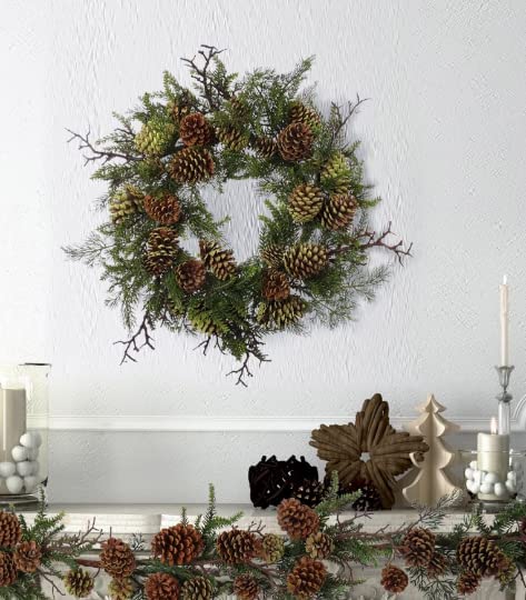 Christmas Wreath 24" Artificial Pine Natural Moss Cones Wreaths ArtificialFlowers