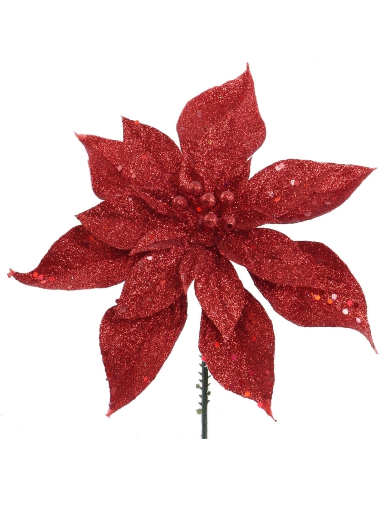 Set of 6 Red Glitter Poinsettias - 10" Sparkling Decorative Flowers for Festive Holidays, Crafts, and Vibrant Home Decor - Top Trending Accessory