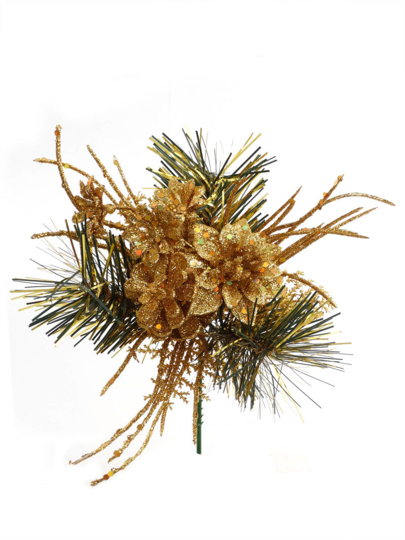 Stunning Set of 5 Gold Glitter Poinsettia Picks with Elegant Cones - Must-Have Luxurious Festive Accents for Holiday Décor & Centerpieces