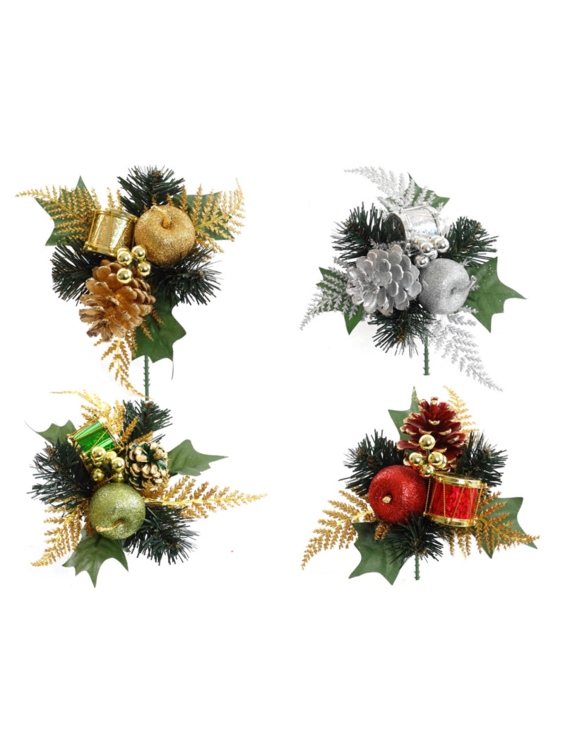 Sparkling Holiday Collection - Set of 4 Glitter Picks with Festive Fruits, Cones, and -Drums  Perfect for Christmas Tree & Holiday Decorations