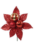 Floral Home by Artificial Flowers 24" Red Glitter Poinsettia Picks - Sparkling Ornament Balls, Christmas Floral Décor, Ideal for Trees, Wreaths & Garlands - Festive Holiday Accents