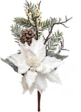 Iced White Poinsettia Pine Pick with Lifelike Silk Flowers, Twigs, Berries, & Pine Cones | 16-Inch | Holiday Xmas Accents | Christmas Picks | Home & Office Decor (Set of 12)