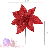Set of 6 - Festive 8.5" Glitter Poinsettia Christmas Ornaments - Perfect for Holiday Decorating and Home Festivities