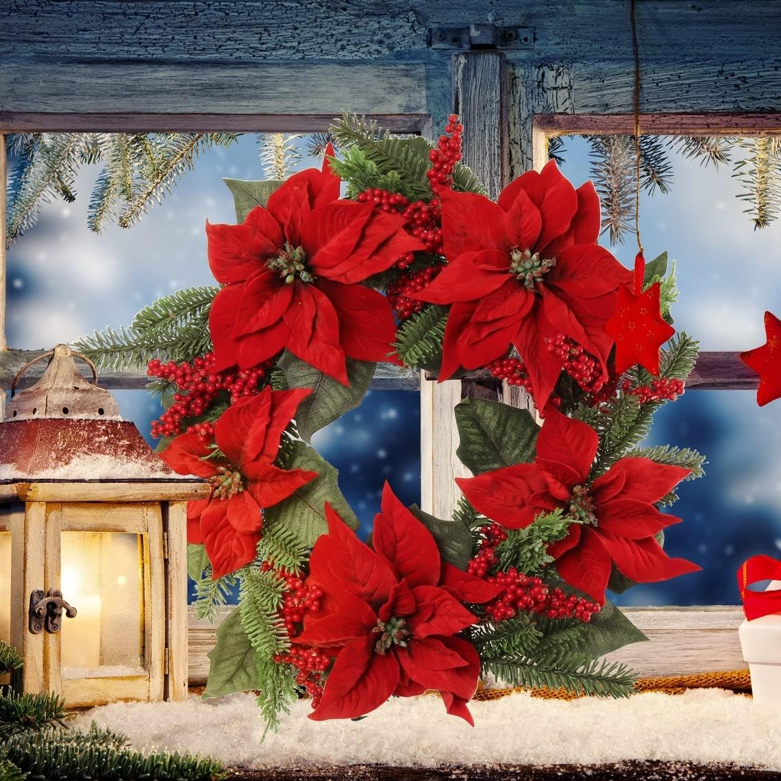 Premium Handcrafted 22-Inch Festive Wreath with Vibrant Poinsettias, Lush Pine, and Rich Berries - Ideal for Christmas and Winter Holiday Home Deco