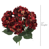 UV Burgundy Hydrangea Bush with 7 Silk Flowers & Leaves, Floral Home by Artificial Flowers