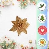 Floral Home by Artificial Flowers 6-Pack Sparkling Gold Glitter Poinsettia Flower Picks, 8.5" Wide Heads, Festive Holiday Decor, Christmas Tree or Wreath Accent