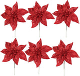 Red Glitter Poinsettia Picks 8.5" Wide, 12-Pack – Artificial Christmas Accents