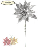 Floral Home by Artificial Flowers 48 Sparkling Silver Glitter Poinsettia Picks, 5-Inch Festive Floral Accents, Perfect for Christmas Trees, Wreaths, and Holiday Decorations