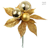 Floral Home by Artificial Flowers 24-Pack Poinsettia Picks - Golden Glitter, 3 Ornaments, Home Decor - Festive Holiday Accent for Christmas