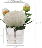 Chic Blossoms 4"x4" Artificial Glass Vase Cream Peony Arrangement, Floral Home by Artificial Flowers