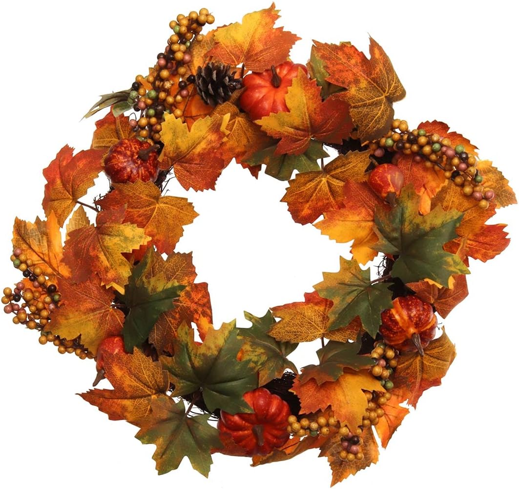 18" Artificial Fall Maple Leaf with Berries and Gourds Wreath