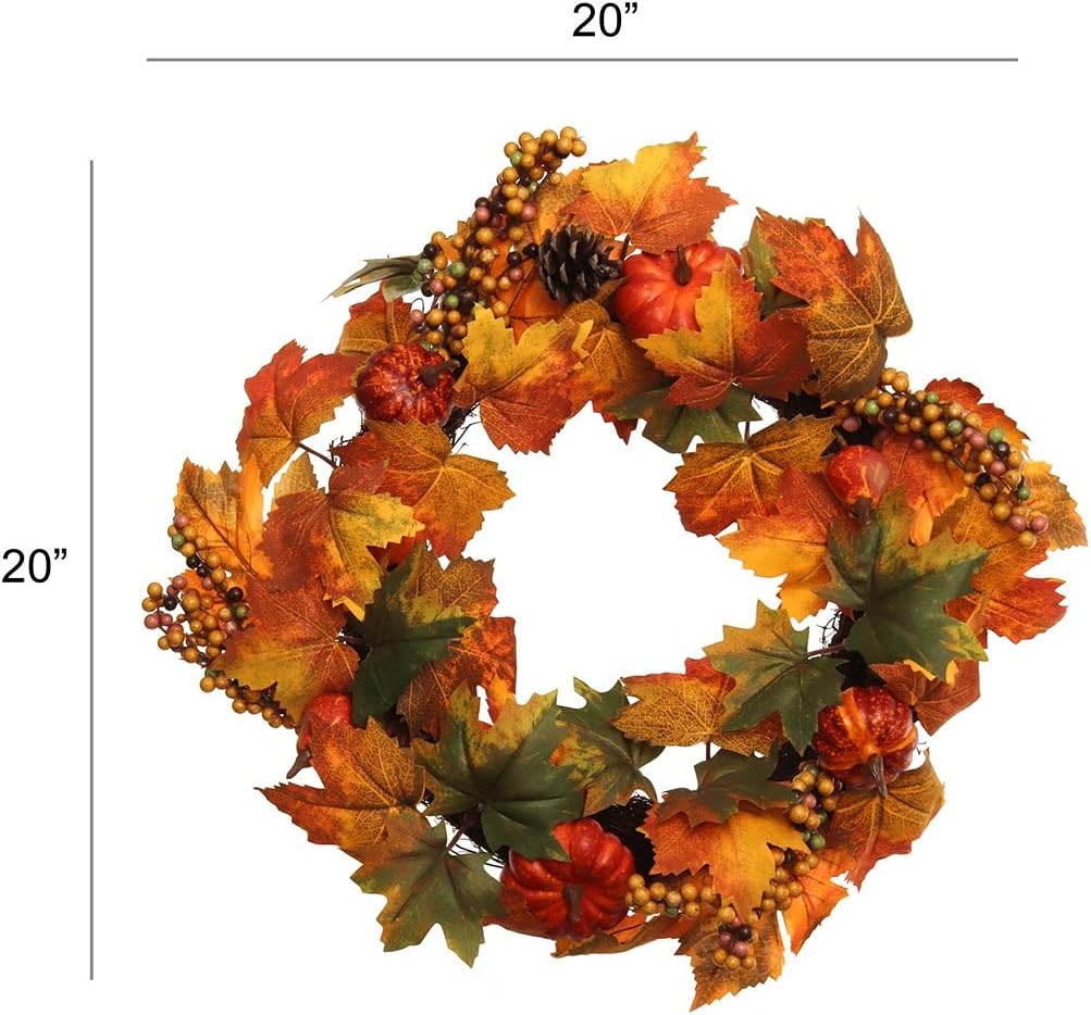 18" Artificial Fall Maple Leaf with Berries and Gourds Wreath