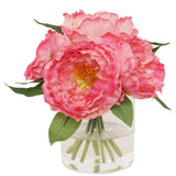 Luxury Essence Artificial Pink Peony Arrangement with 7 Fronds in Elegant Glass Vase - Real Looking Faux Floral Centerpiece for Home Decor, Office Enhancement, Wedding Tables, or Sophisticated Gift