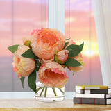 Luxury Essence Artificial Pink Peony Arrangement with 7 Fronds in Elegant Glass Vase - Real Looking Faux Floral Centerpiece for Home Decor, Office Enhancement, Wedding Tables, or Sophisticated Gift, Floral Home by Artificial Flowers