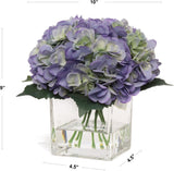 Periwinkle Fake Hydrangea Flowers in Glass Vase with Water Look
