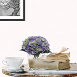Periwinkle Fake Hydrangea Flowers in Glass Vase with Water Look