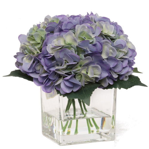 Fake Hydrangea Flowers in Glass Vase with Water Look