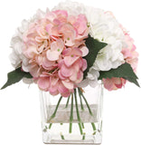 Fake Hydrangea Flowers in Glass Vase with Water Look