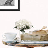 White Artificial Hydrangea Flowers in Glass Vase with Water Look