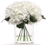 White Artificial Hydrangea Flowers in Glass Vase with Water Look