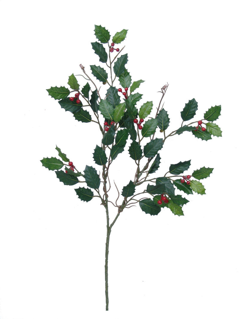 Pack of 48 - 17" Two-Tone Green Mini Holly Spray with Berries - Realistic Artificial Foliage for Christmas Decor, Wreaths, and Floral Arrangements - 54 Lifelike Leaves
