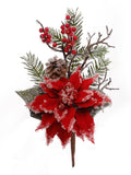 Iced Poinsettia Pine Pick with Silk Flowers