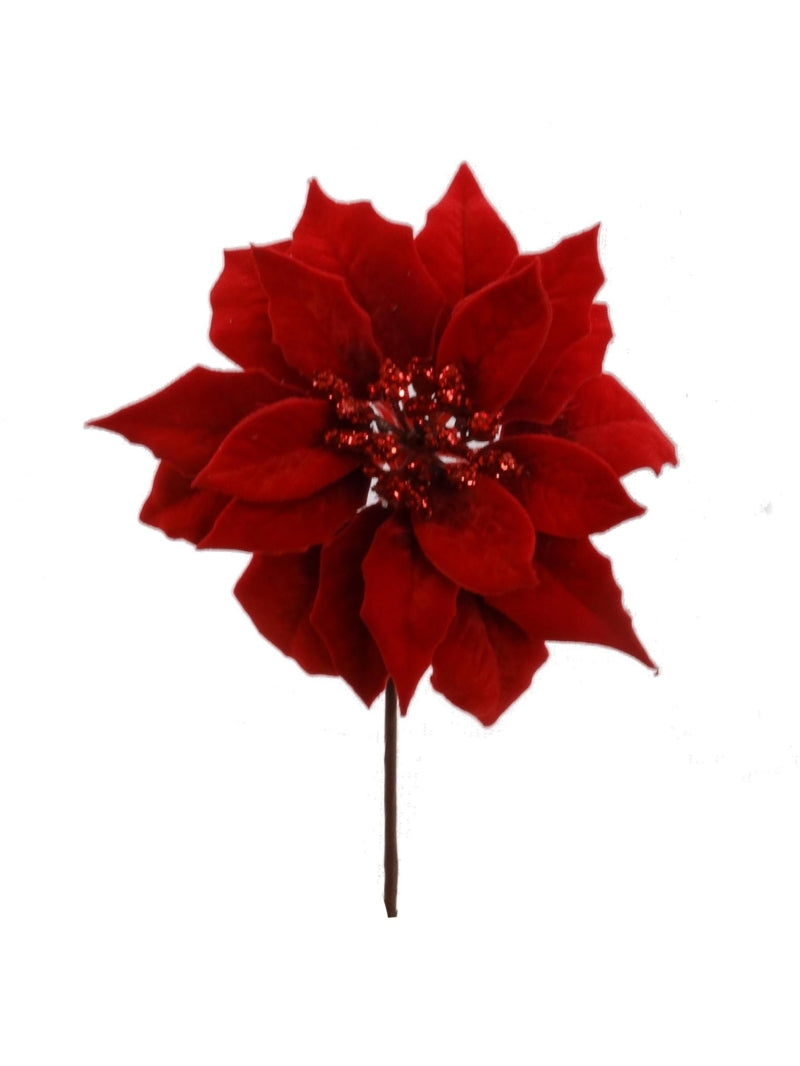 9.5" Red Poinsettia Pick - 7.5" Diameter - Pack of 12 - Festive Holiday Decorations - Realistic Artificial Flowers for Christmas Crafts and Floral Arrangements