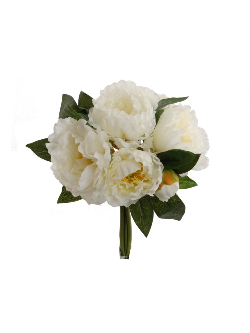 14" Luxurious Cream Peony Bouquet Bundle - Five Handcrafted Flowers & Two Lifelike Buds - Ideal for Elegant Home Decor, Wedding Centerpieces, Special Events - Premium Floral Artistry