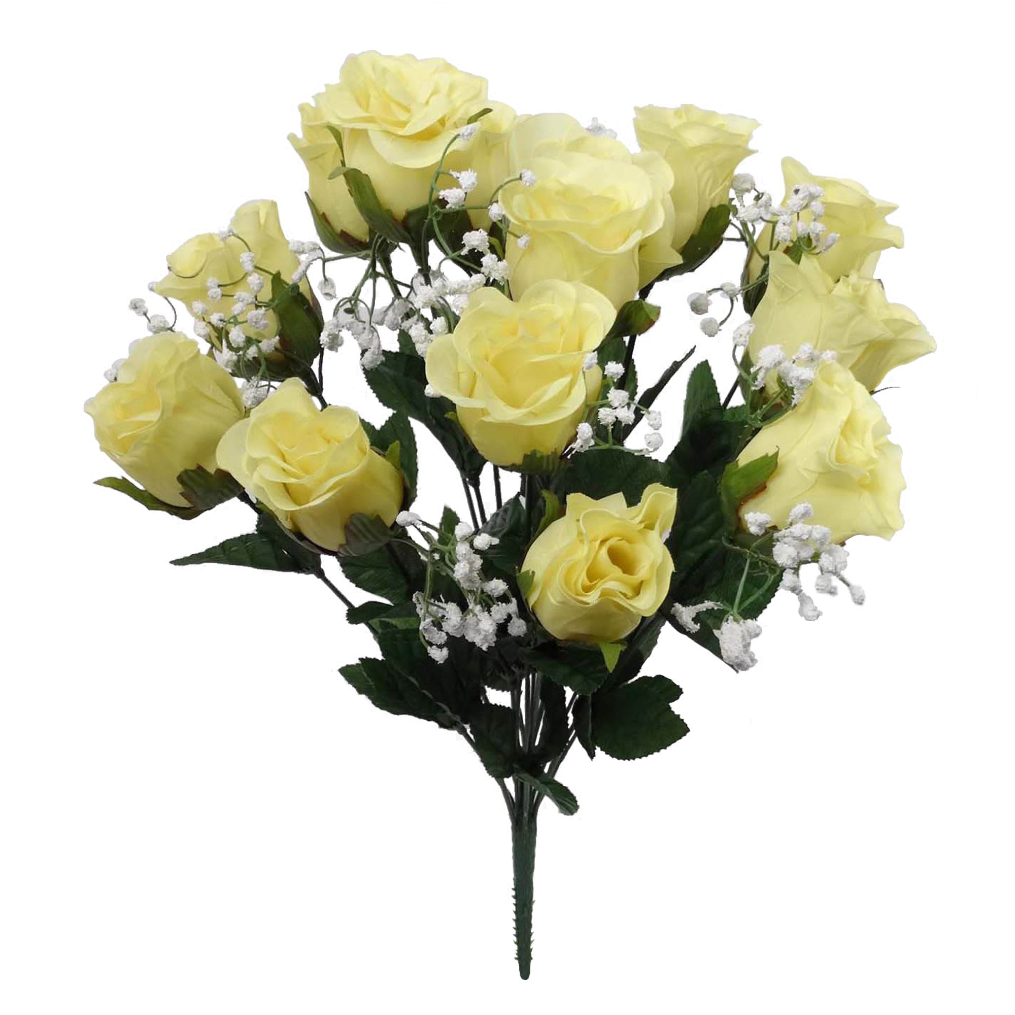 Sunny Yellow Rose Bud with GYP Bush X14 - Bright Faux Flowers for Home Decor, Weddings & Events