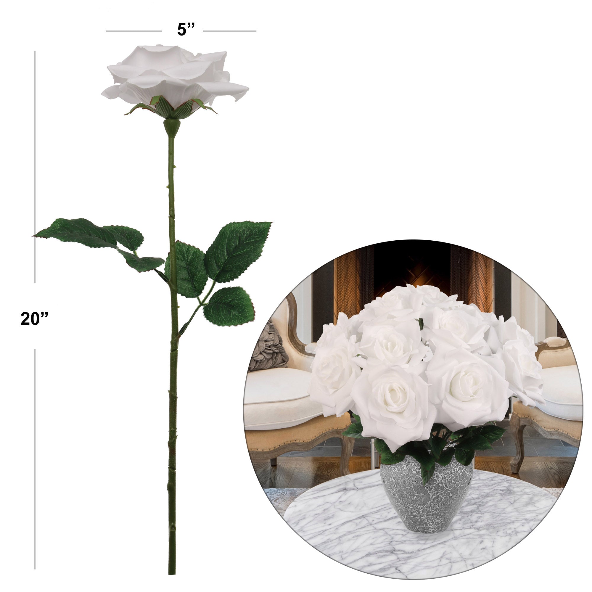 5" White Open Rose with 20" Stem - Lifelike Artificial Flower for Home Decor, Weddings, and DIY Arrangements