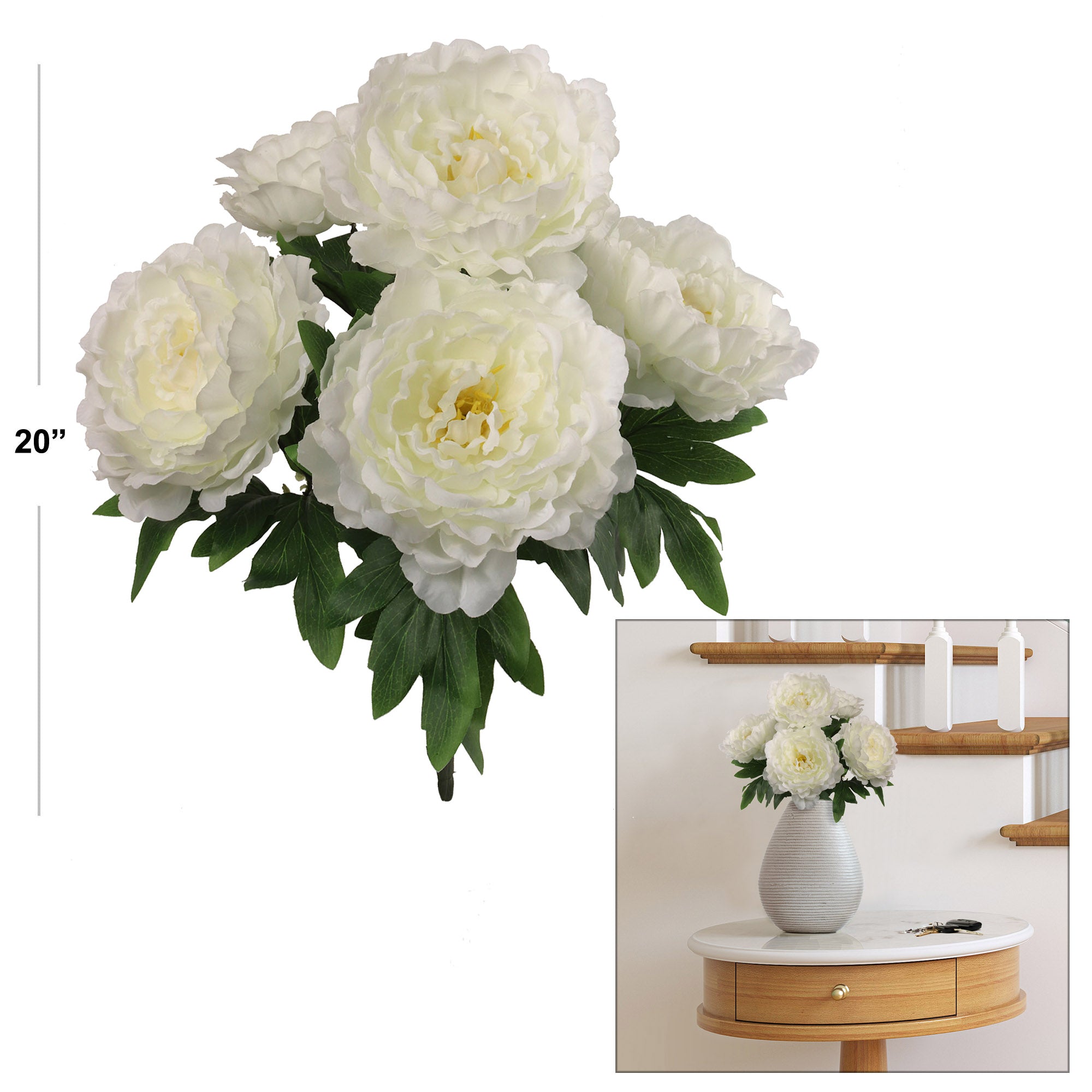 Elegant 20"" White Peony Bush X5 - Artificial Flowers for Home Decor, Wedding Bouquets, and Floral Arrangements
