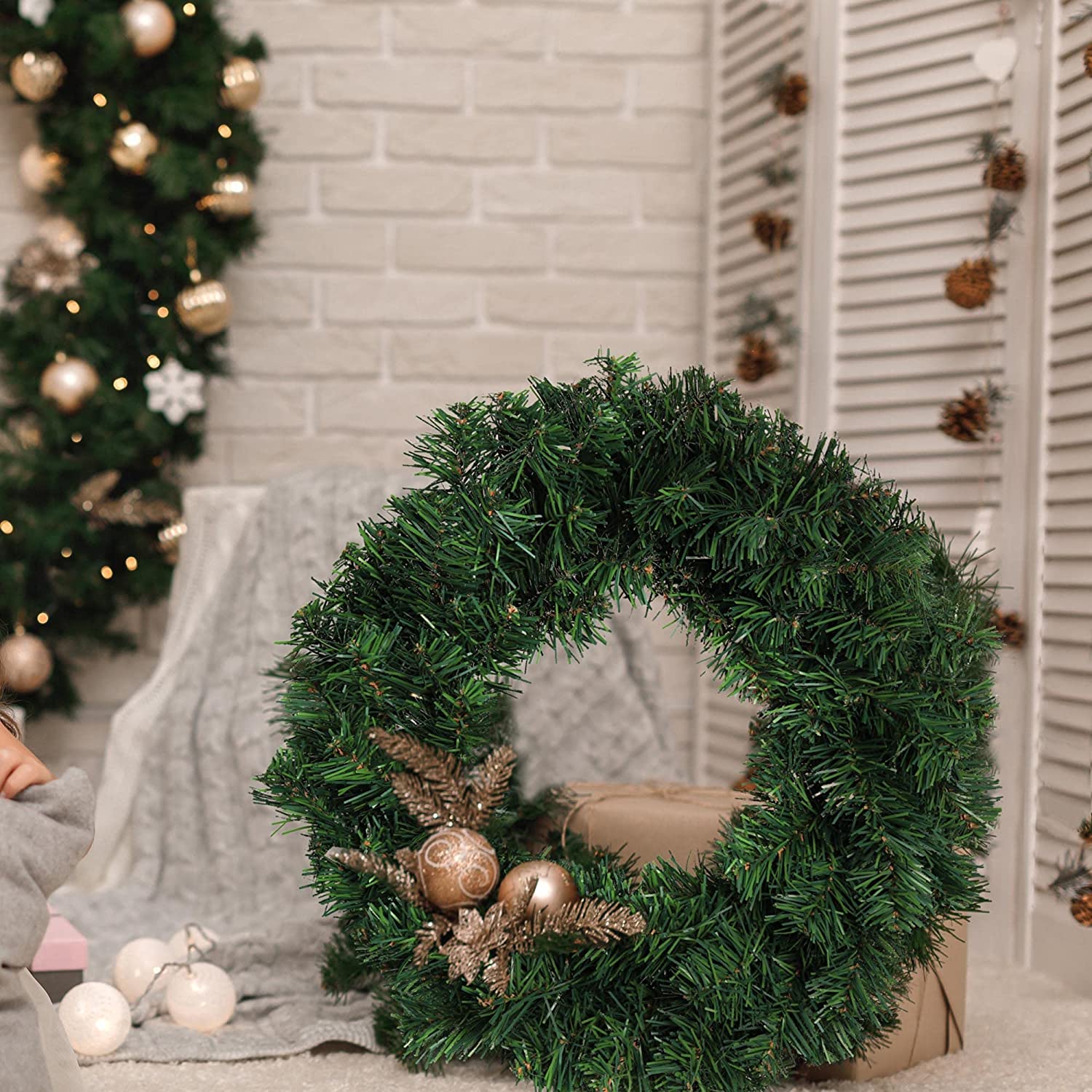 Christmas Wreath 14" Artificial with Metal Stand Wreaths ArtificialFlowers   