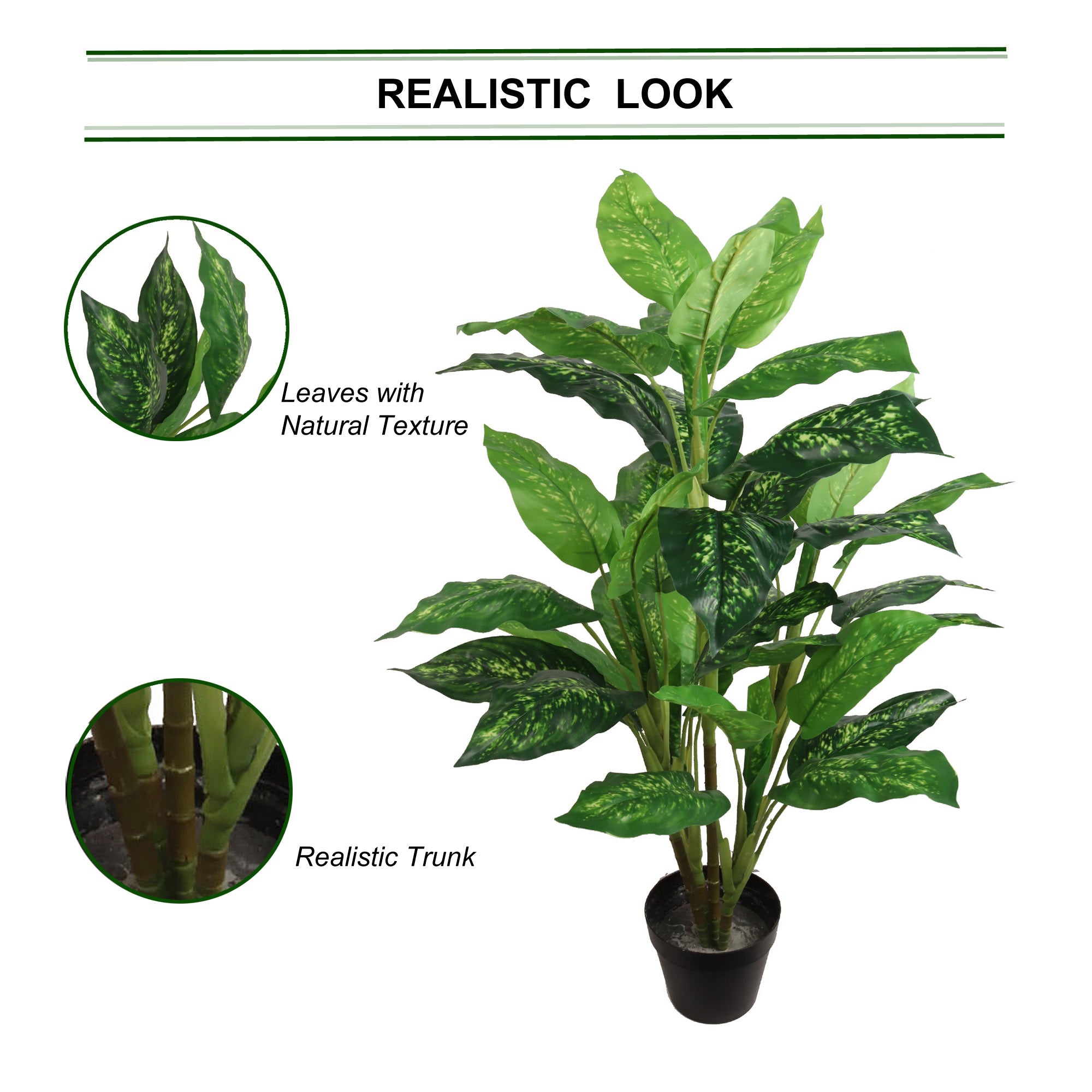 Silk Dieffenbachia Plant 36” in Pot Silk Green White Artificial House Plant 24 Realistic Leaves House Plant ArtificialFlowers   
