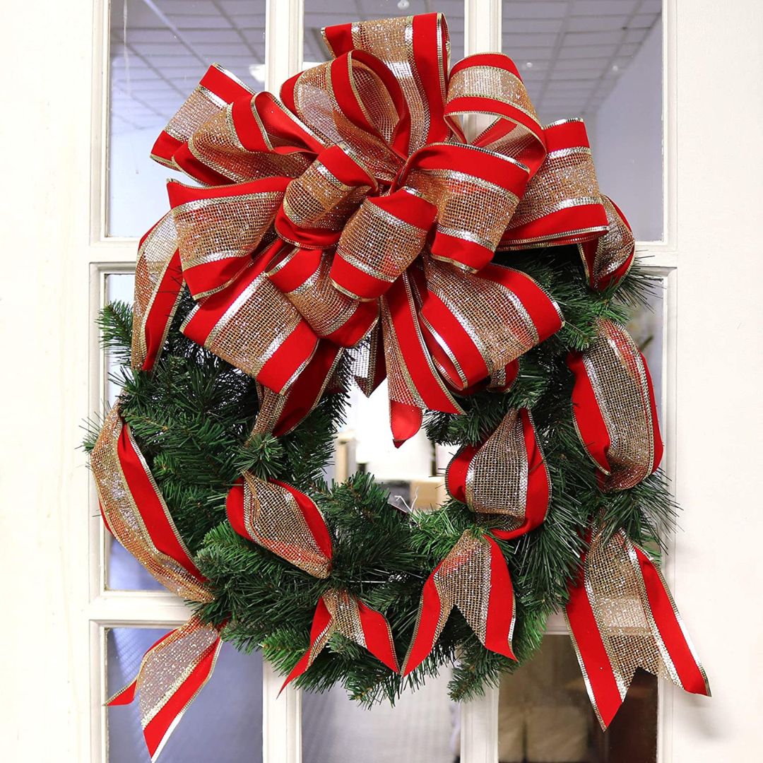 Large Red Velvet & Gold Mesh Bow Attached 20" Holiday Christmas Wreath Wreath ArtificialFlowers   