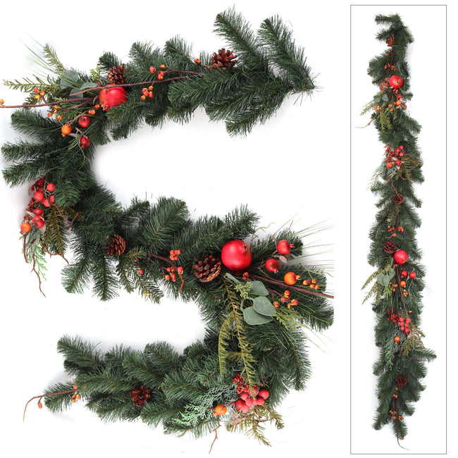 Artificial Christmas Pine Garland with Cones, Berries and Fruit - 6'