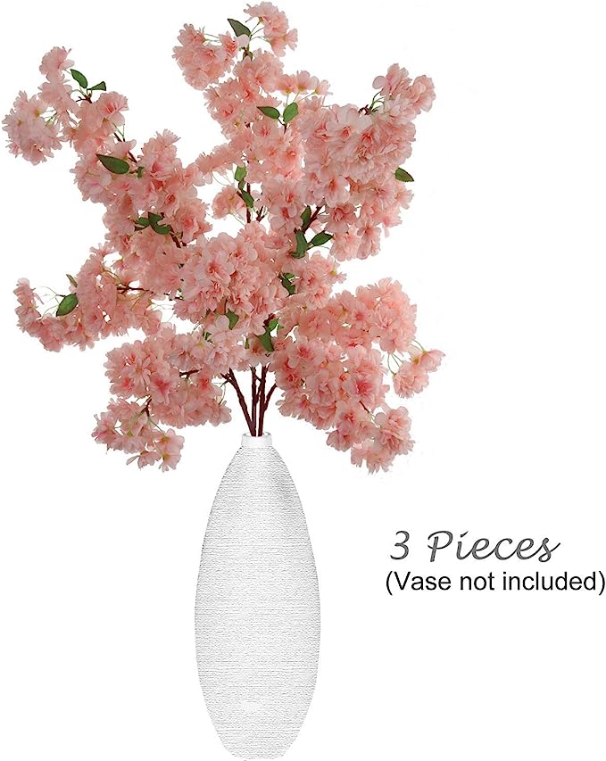 Light Pink Cherry Blossom Branches, Three 30 Inch Cherry Blossom Flowers, Light Pink & Green Hues, Vibrant Green Leaves, Home & Business Décor, Japan's National Flower Cherry Blossom Spray ArtificialFlowers   