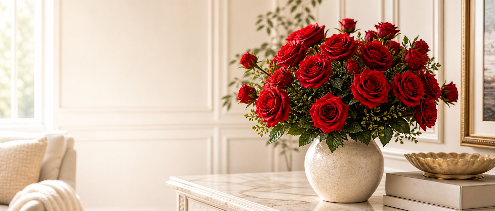 Red artificial roses in a vase